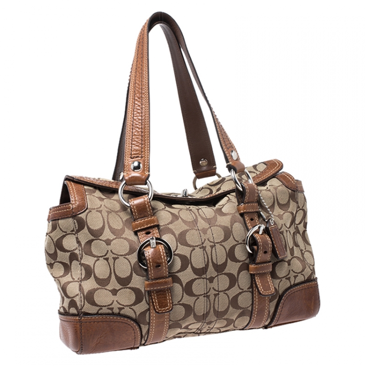 Pre Owned Coach Brown Signature Canvas And Leather Double Buckle Shoulder Bag