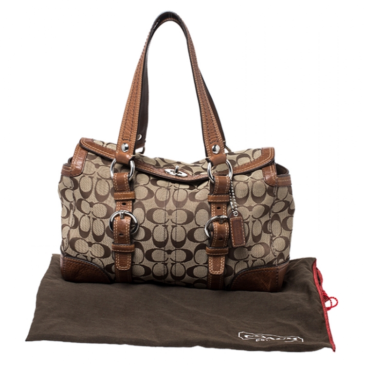 Pre Owned Coach Brown Signature Canvas And Leather Double Buckle Shoulder Bag