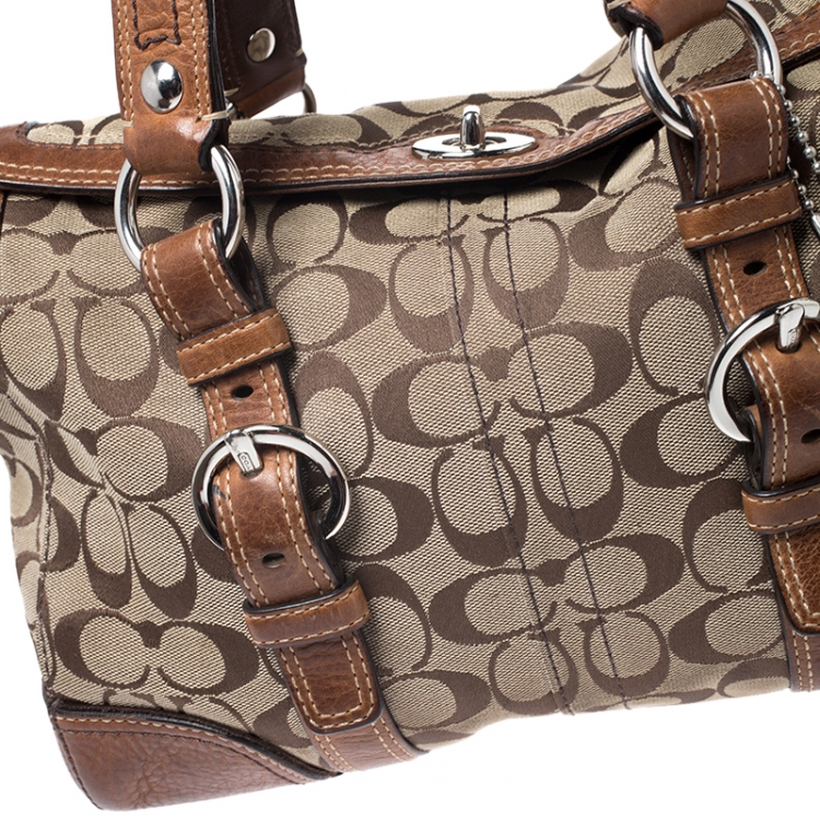 Pre Owned Coach Brown Signature Canvas And Leather Double Buckle Shoulder Bag