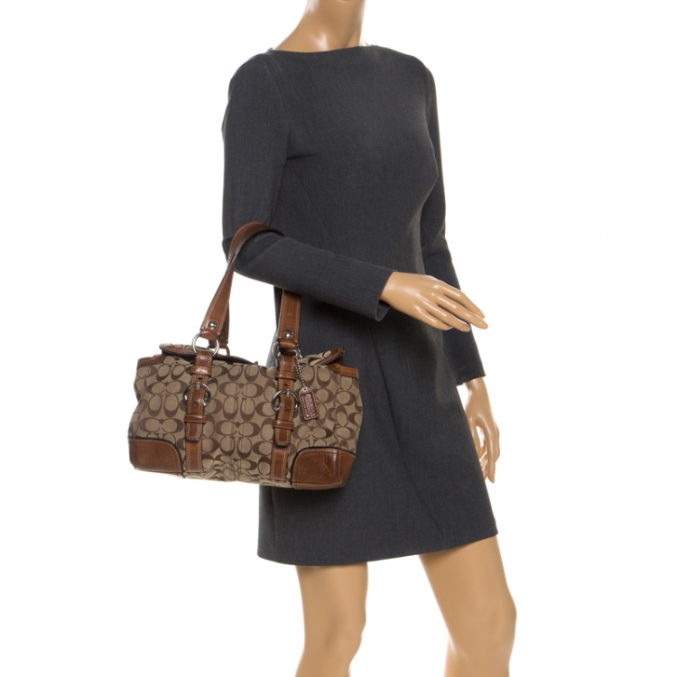 Pre Owned Coach Brown Signature Canvas And Leather Double Buckle Shoulder Bag