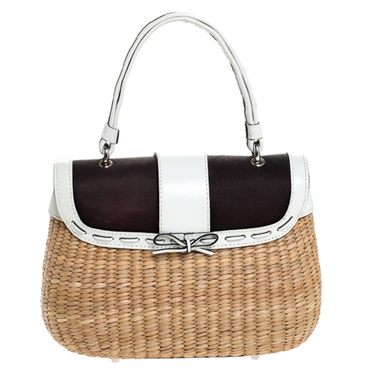 Pre Owned  Coach Brown/White Woven Straw and Leather Satchel 