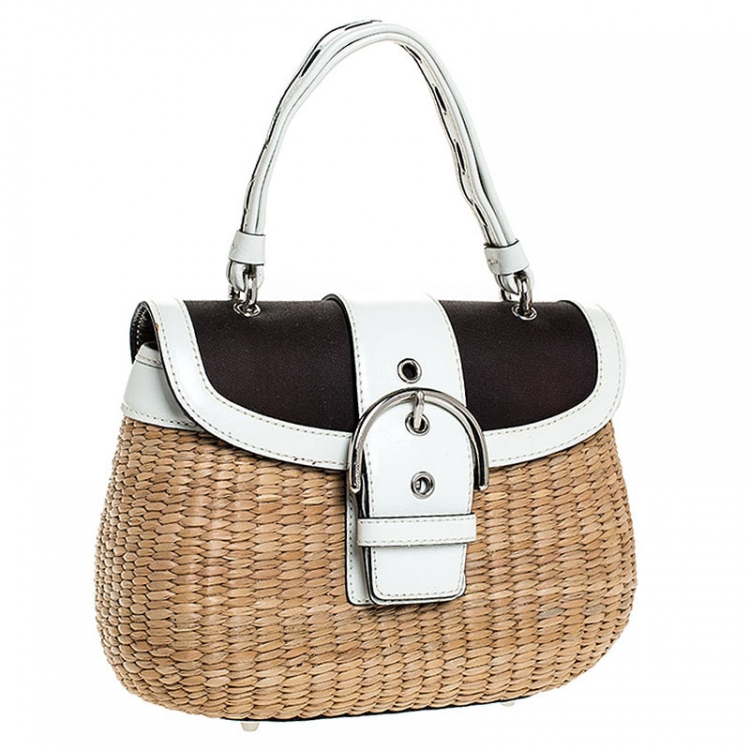 Pre Owned  Coach Brown/White Woven Straw and Leather Satchel 