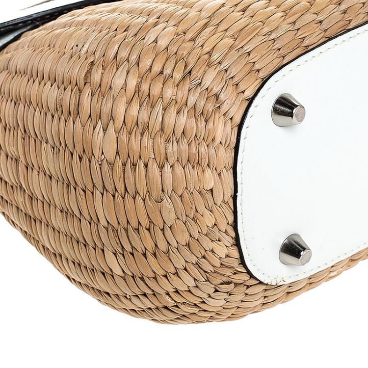 Pre Owned  Coach Brown/White Woven Straw and Leather Satchel 