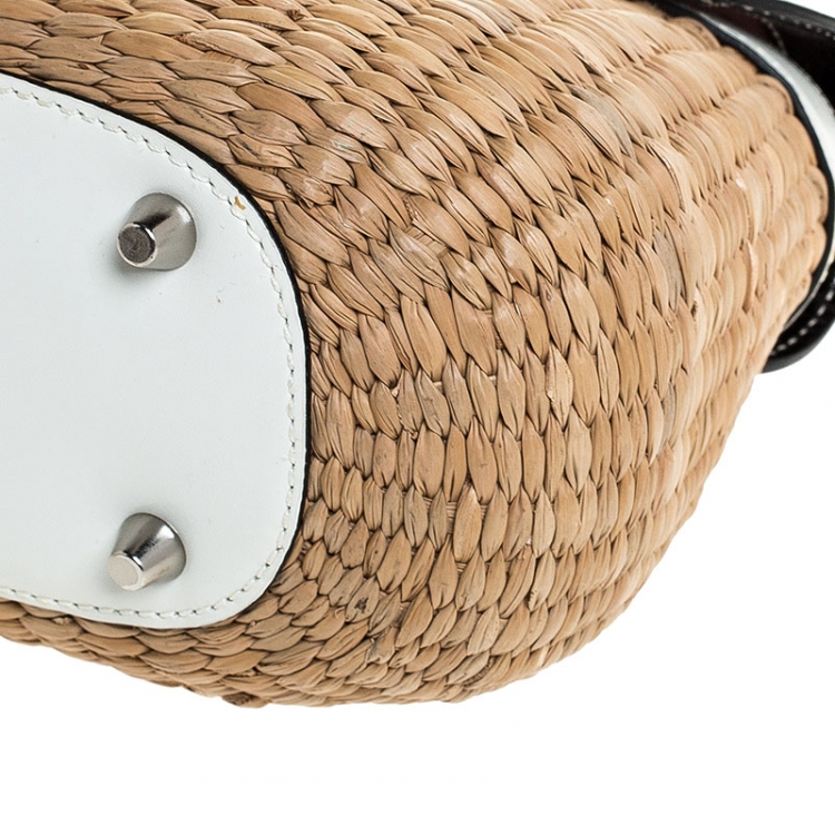 Pre Owned  Coach Brown/White Woven Straw and Leather Satchel 
