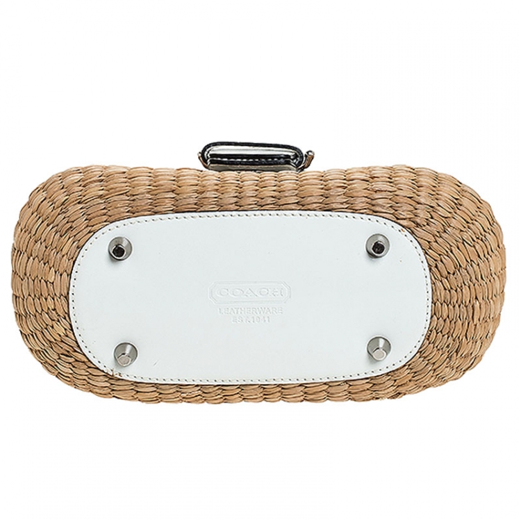 Pre Owned  Coach Brown/White Woven Straw and Leather Satchel 