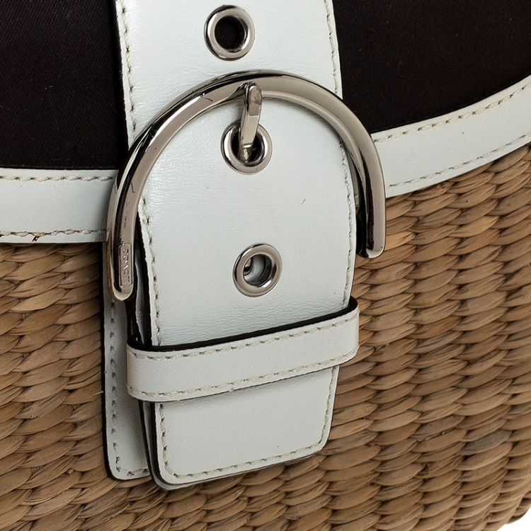 Pre Owned  Coach Brown/White Woven Straw and Leather Satchel 