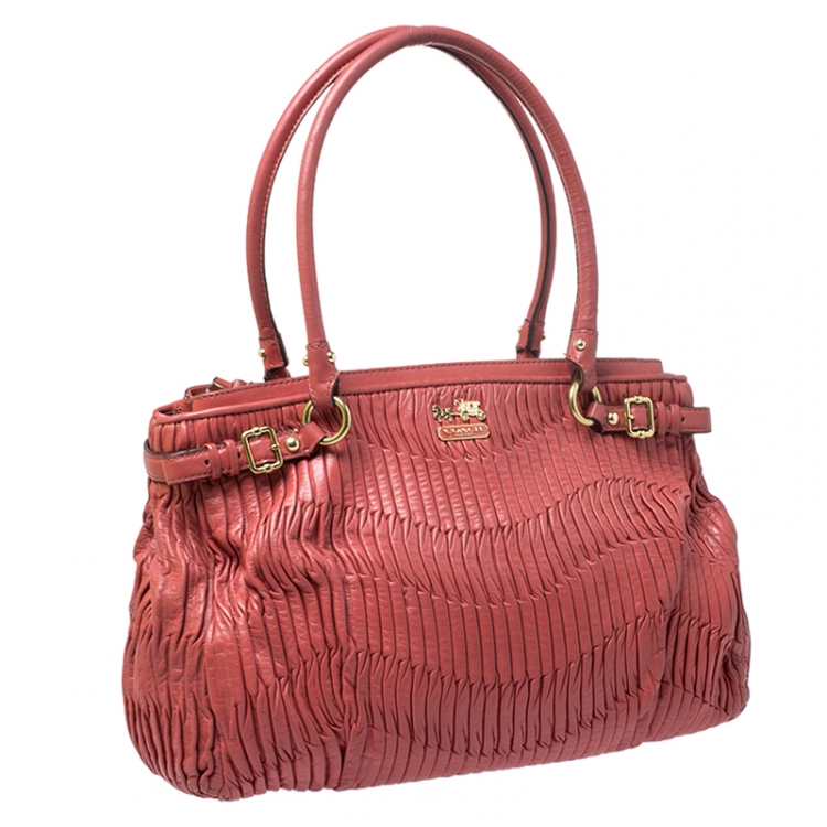 Pre Owned Coach Orange Pleated Leather Sophia Sachel