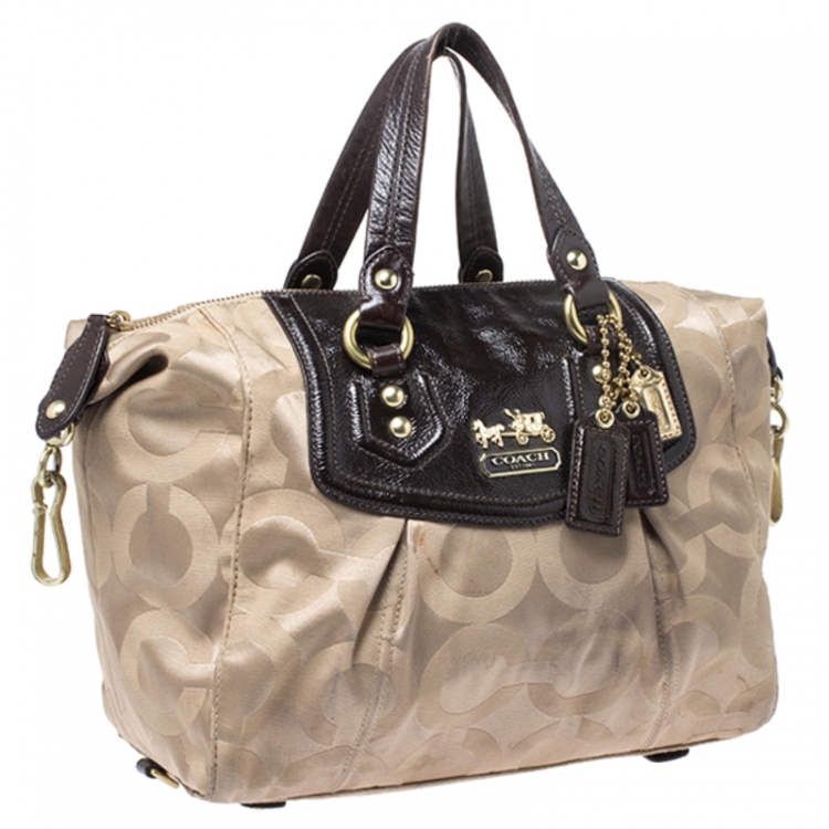 Pre Owned Coach Beige/Brown Canvas and Patent Leather Madison Audrey Satchel