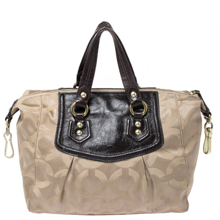 Pre Owned Coach Beige/Brown Canvas and Patent Leather Madison Audrey Satchel