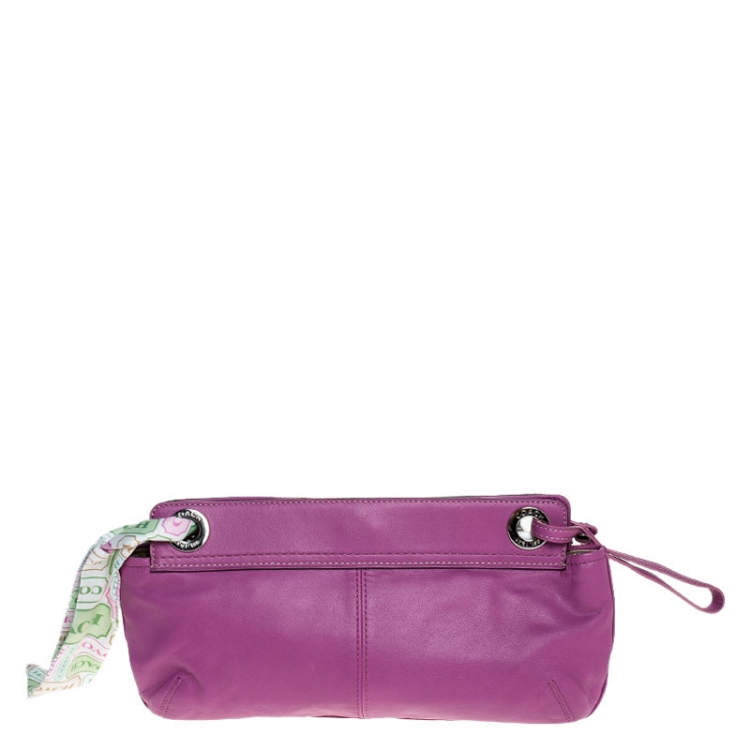 Pre Owned Coach Fuschia Pleated Leather Wristlet 