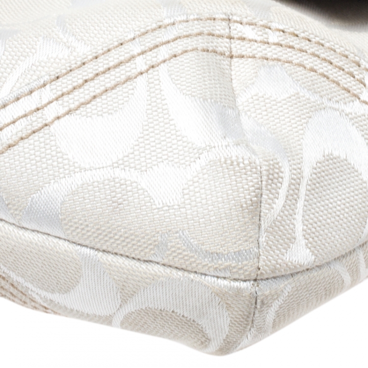 Pre Owned Coach White Canvas and Leather Buckle Flap Hobo