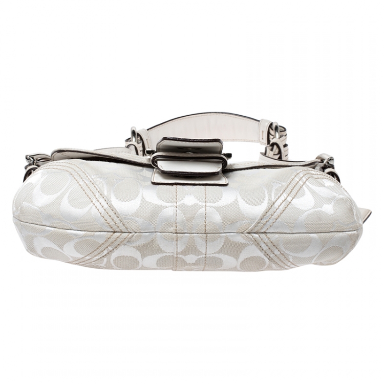 Pre Owned Coach White Canvas and Leather Buckle Flap Hobo