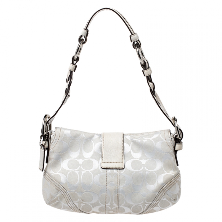 Pre Owned Coach White Canvas and Leather Buckle Flap Hobo
