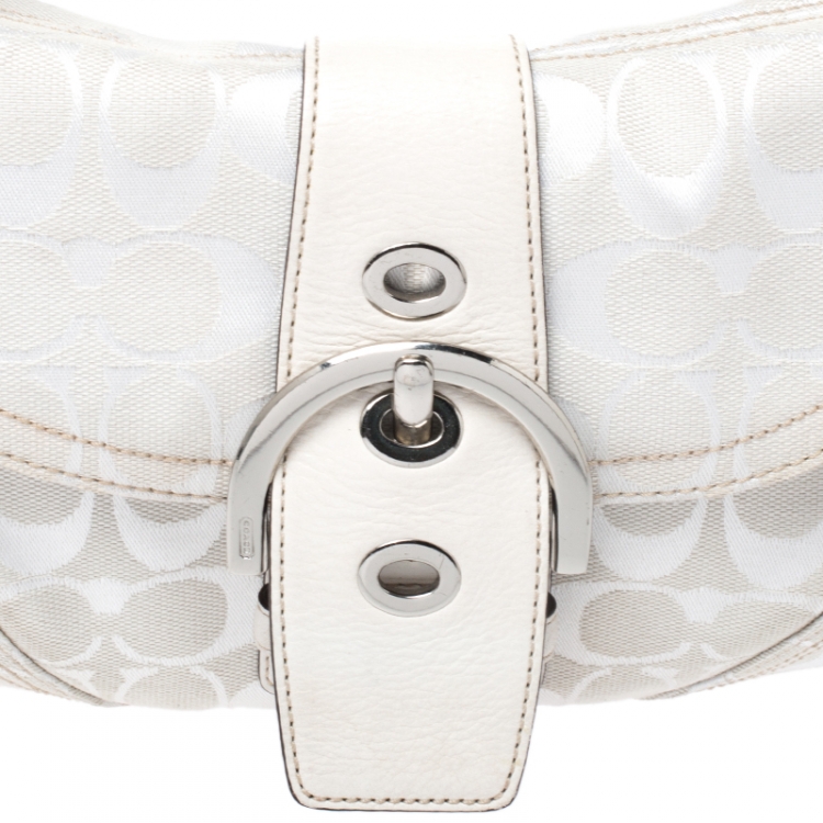 Pre Owned Coach White Canvas and Leather Buckle Flap Hobo