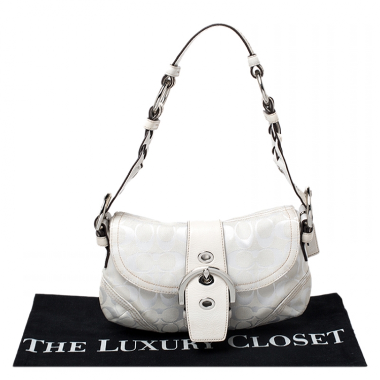Pre Owned Coach White Canvas and Leather Buckle Flap Hobo