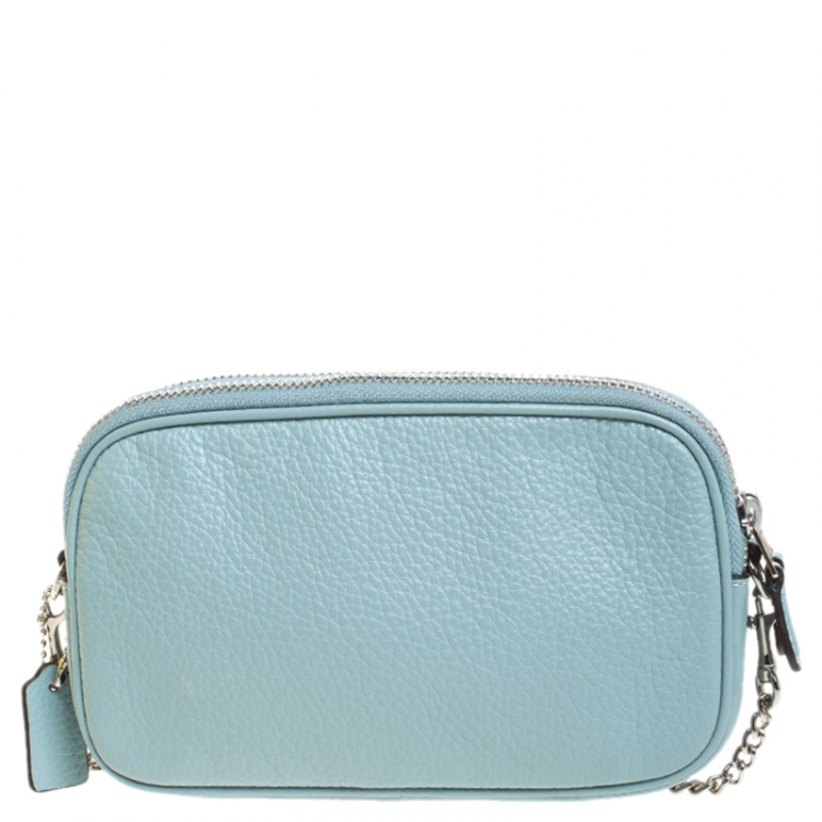 Pre Owned Coach Seafoam Pebbled Leather Double Zip Camera Crossbody Bag