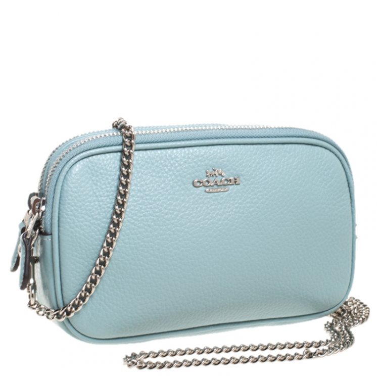 Pre Owned Coach Seafoam Pebbled Leather Double Zip Camera Crossbody Bag