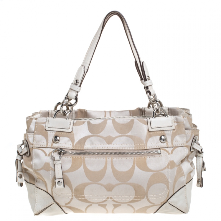Pre Owned Coach Beige Op Art Fabric Satchel 