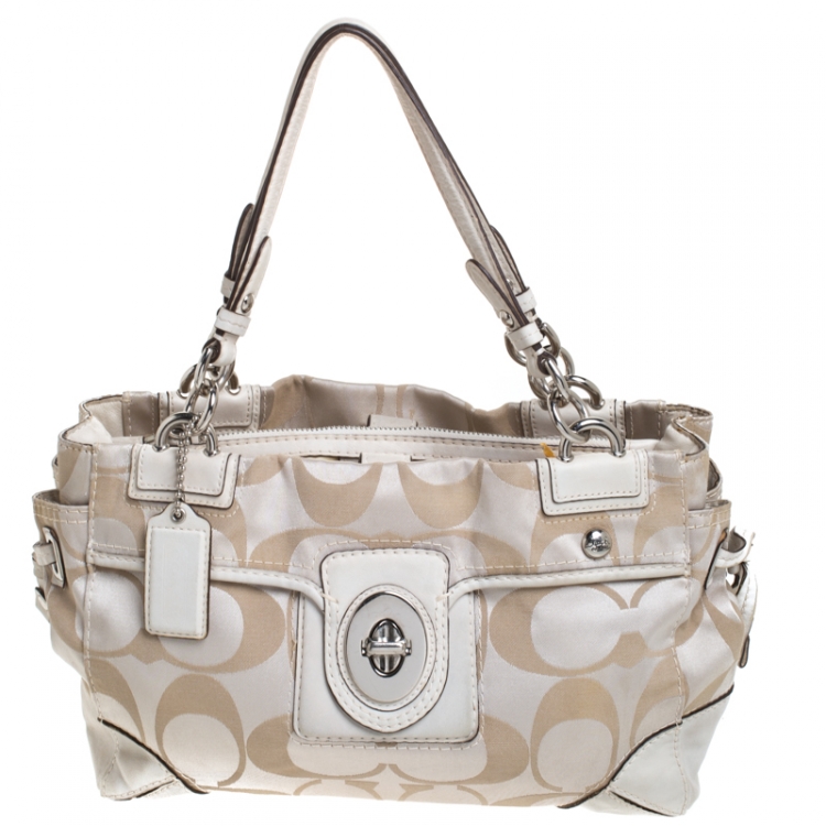 Pre Owned Coach Beige Op Art Fabric Satchel 