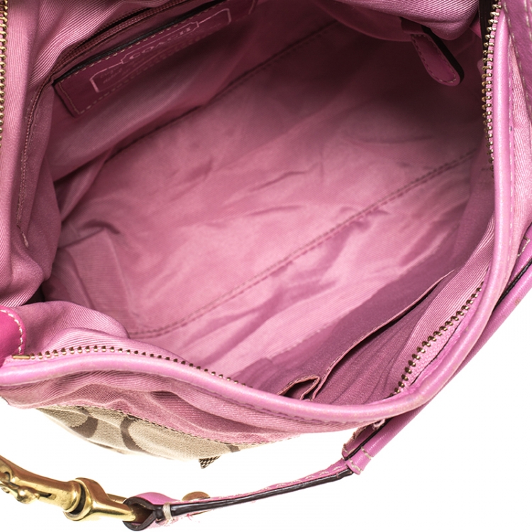 Pre Owned Coach Pink/Beige Signature Canvas Carly Shoulder Bag