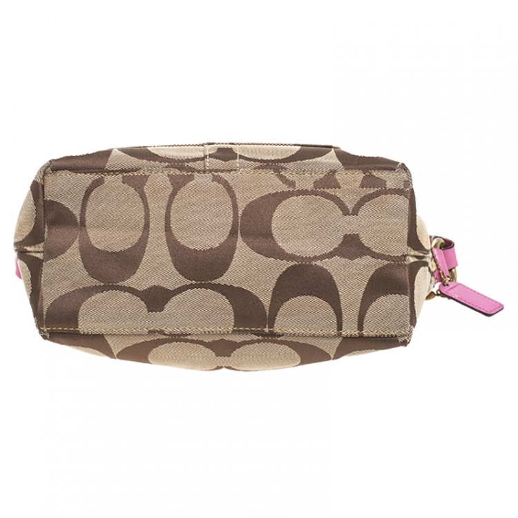 Pre Owned Coach Pink/Beige Signature Canvas Carly Shoulder Bag