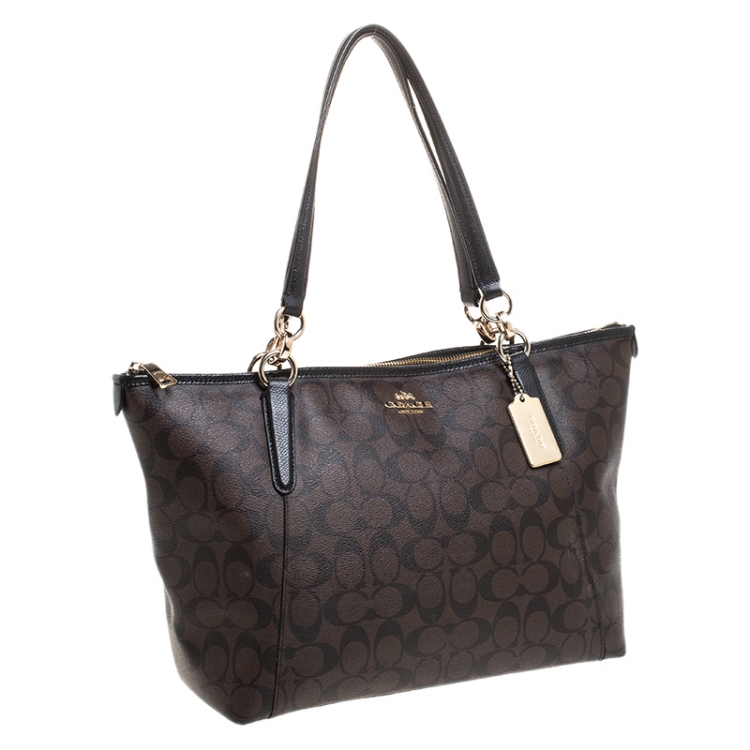 Pre Owned Coach Brown Signature Coated Canvas Ava Top-Zip Tote