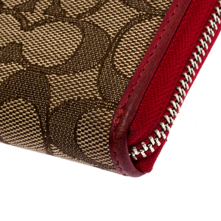 Pre Owned Coach Brown/Red Trim Coated Canvas Zip Around Wallet