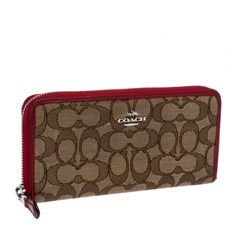 Pre Owned Coach Brown/Red Trim Coated Canvas Zip Around Wallet