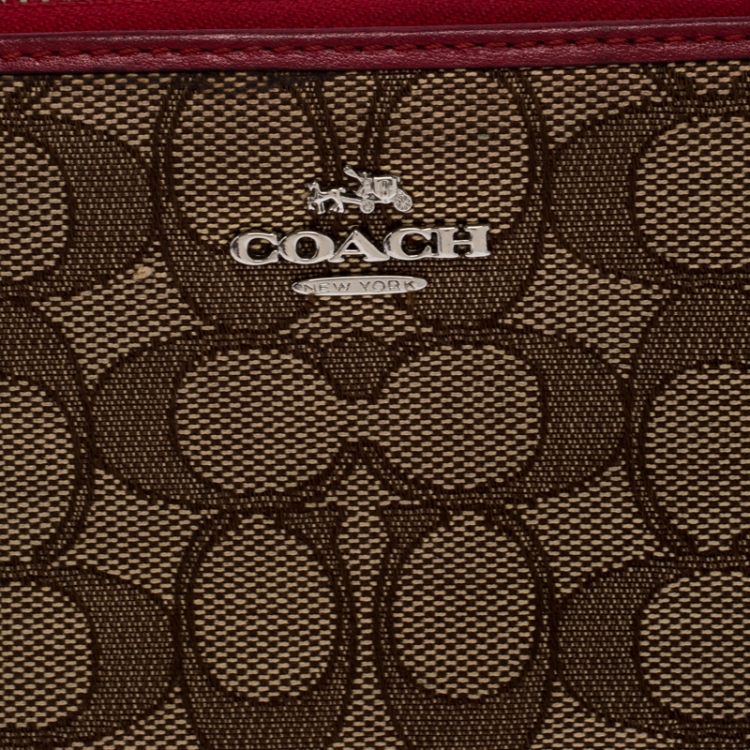 Pre Owned Coach Brown/Red Trim Coated Canvas Zip Around Wallet