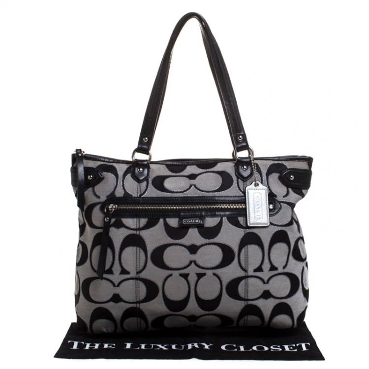 Pre Owned Coach Black/Grey Daisy Outline Canvas and Leather Emma Tote