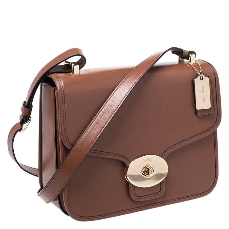 Pre Owned Coach Brown Leather Flap Turnlock Crossbody Bag