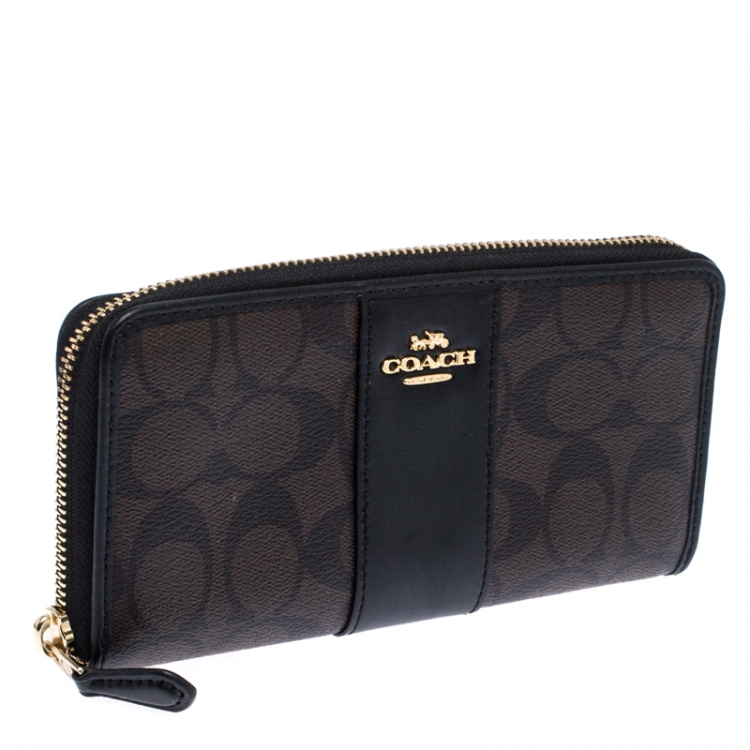Pre Owned Coach Brown/Black Leather Signature Zip Around Wallet
