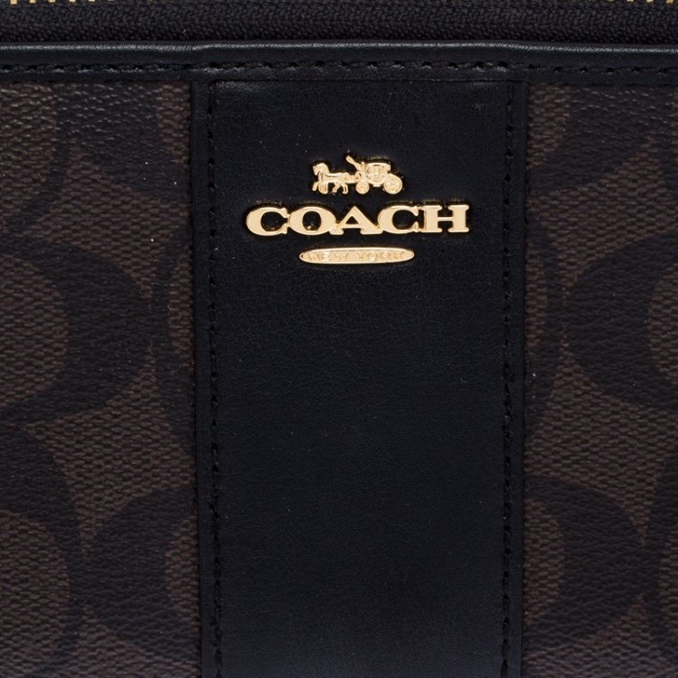 Pre Owned Coach Brown/Black Leather Signature Zip Around Wallet