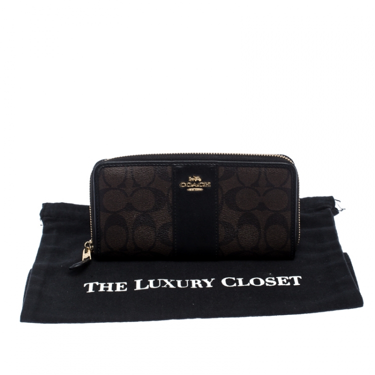 Pre Owned Coach Brown/Black Leather Signature Zip Around Wallet