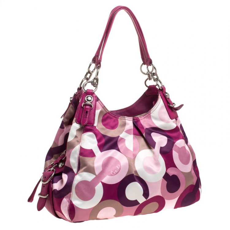Pre Owned Coach Multicolor Signature Satin and Leather Hobo