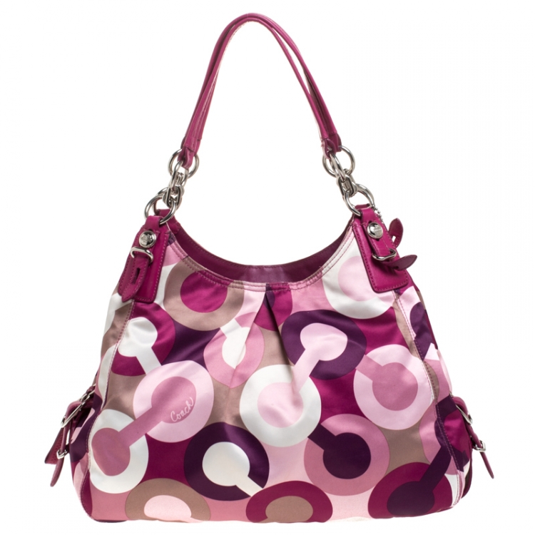 Pre Owned Coach Multicolor Signature Satin and Leather Hobo