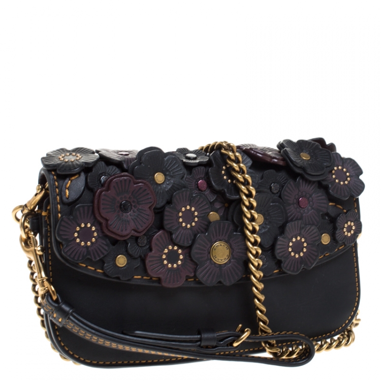Pre Owned Coach Black Leather 1941 Tea Rose Chain Clutch