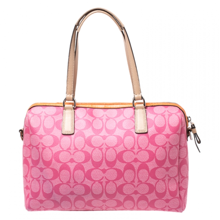 Pre Owned Coach Pink/Orange Signature Coated Canvas and Leather Nancy Stripe Satchel