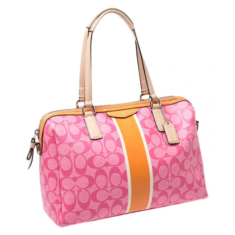 Pre Owned Coach Pink/Orange Signature Coated Canvas and Leather Nancy Stripe Satchel