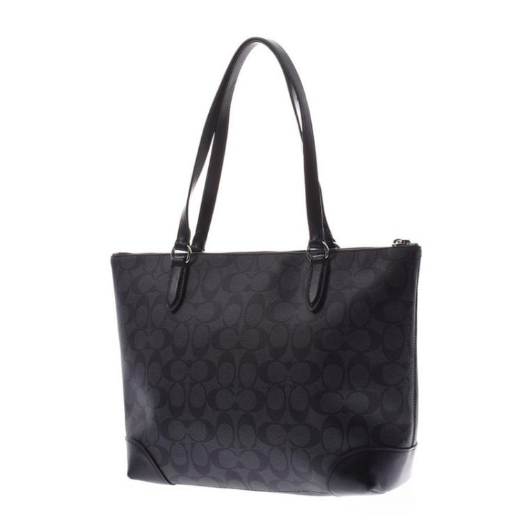 Pre Owned Coach Black/Gray Signature Canvas Tote