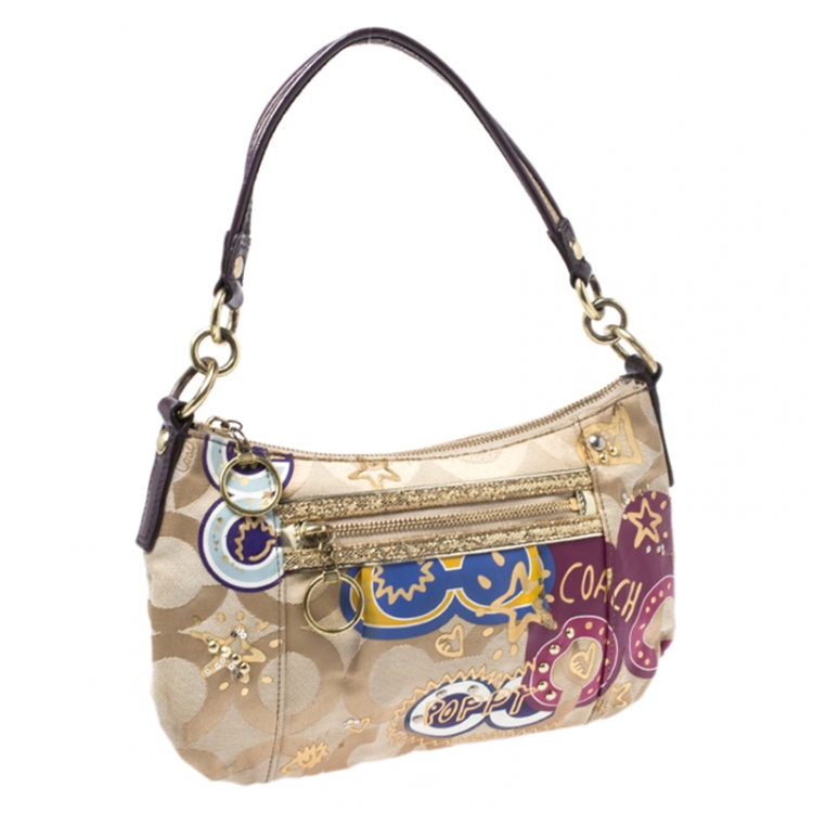 Pre Owned Coach Beige Canvas and Patent Leather Poppy Shoulder Bag