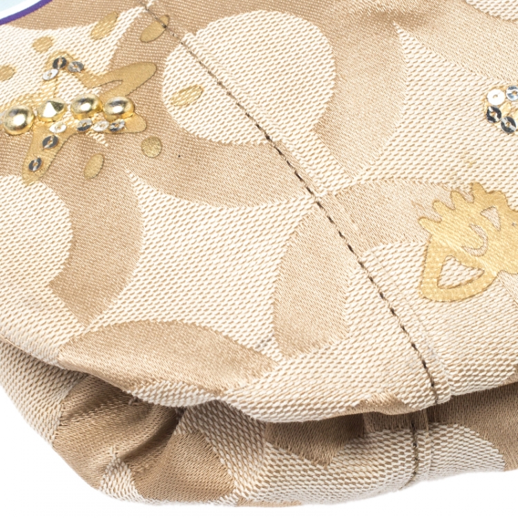 Pre Owned Coach Beige Canvas and Patent Leather Poppy Shoulder Bag