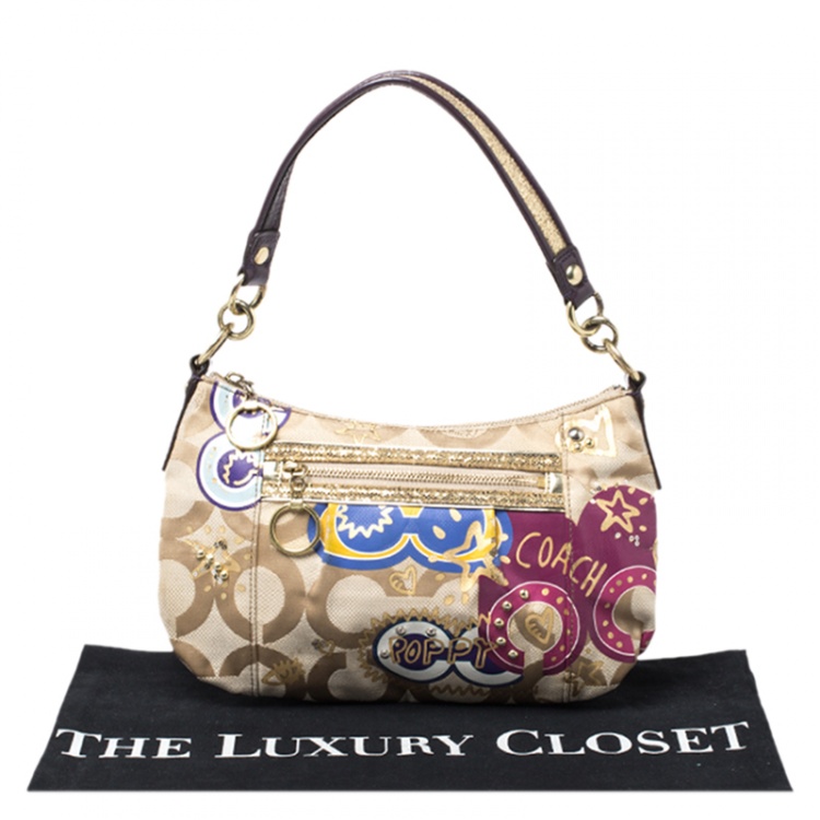 Pre Owned Coach Beige Canvas and Patent Leather Poppy Shoulder Bag