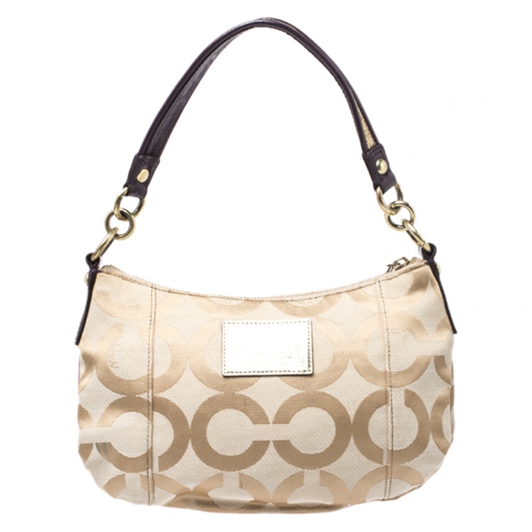 Pre Owned Coach Beige Canvas and Patent Leather Poppy Shoulder Bag