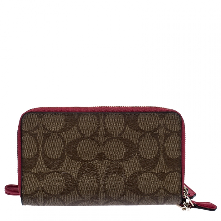 Pre Owned Coach Brown/Pink Canvas Double Zip Phone Wallet
