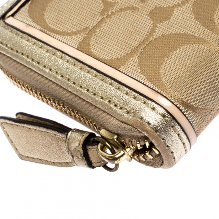 Pre Owned Coach Metallic Gold Signature Canvas Zip Around Wallet