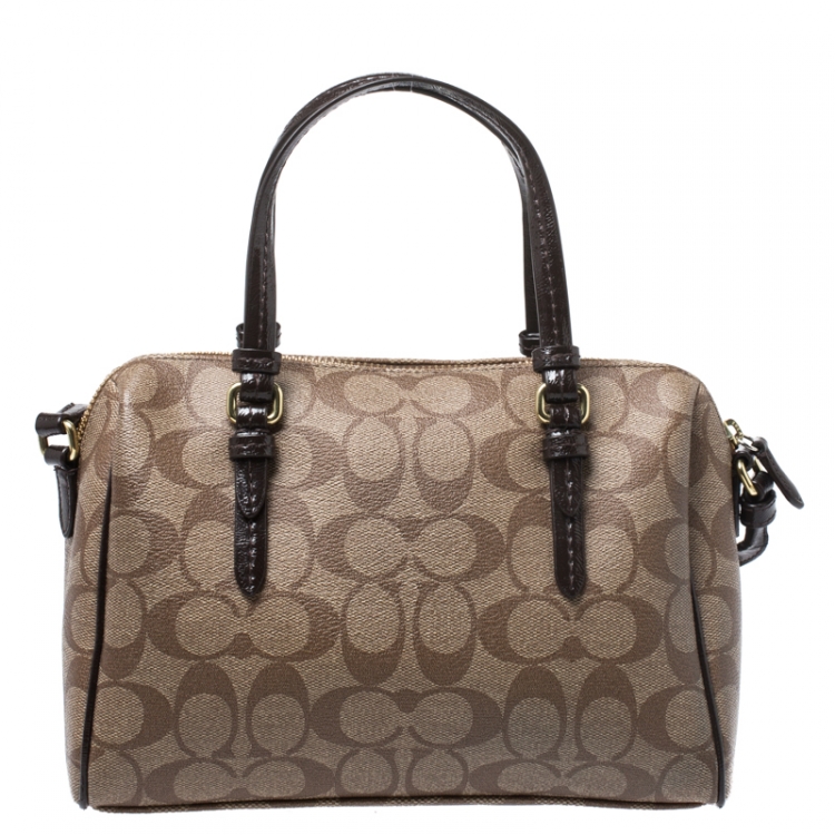 Pre Owned Coach Brown Signature Coated Canvas and Patent Leather Bennett Satchel