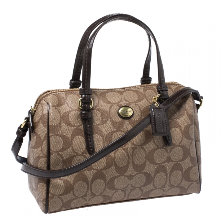 Pre Owned Coach Brown Signature Coated Canvas and Patent Leather Bennett Satchel