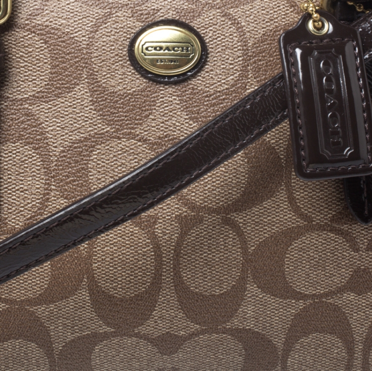 Pre Owned Coach Brown Signature Coated Canvas and Patent Leather Bennett Satchel
