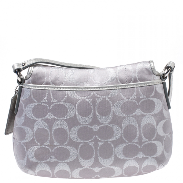 Pre Owned Coach Silver Canvas and Leather Buckle Crossbody Bag